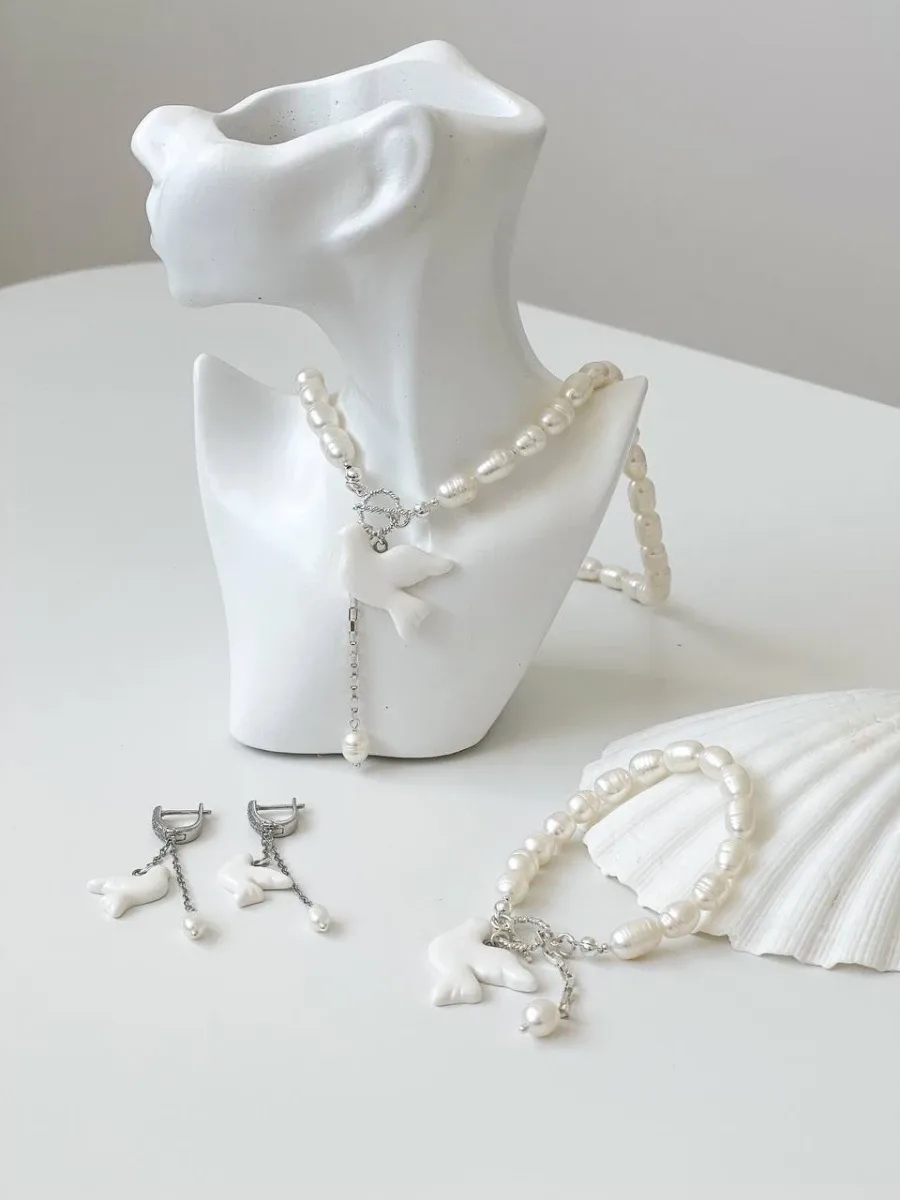 Сет "Silver Горлиця" - Річкові Перлини, Полімерна глина - арт. 8946458953 - Le'Perle - фото 1