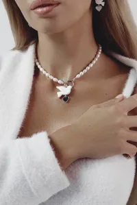 Кольє "Silver Heart Горлиця" - Медсплав, Річкові Перлини, Полімерна глина - арт. 4244604465 - Le'Perle - мініатюра 3