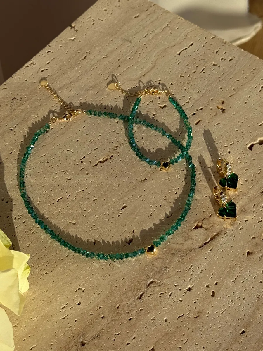  Сет "Green Chic" - Медсплав, Ювелірне скло - арт. LE-1768849953145 - Le'Perle - фото 1