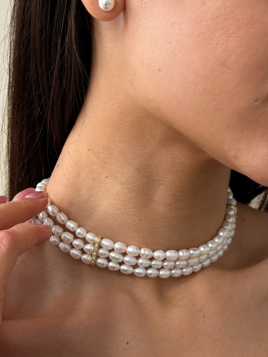 Кольє "Triple Pearl" - Медсплав, Круглі Перлини, Фіаніт - арт. LE-1770719463730 - Le'Perle - фото 4