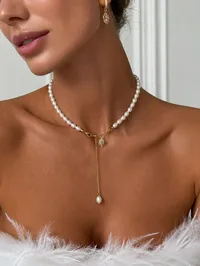Кольє Star Lilly - Медсплав, Річкові Перлини - арт. LE-1782828325083 - Le'Perle - мініатюра 1