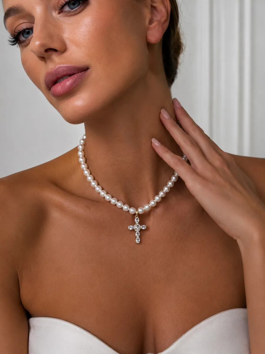 Кольє "Bright Cross" - Медсплав, Майорка, Циркон - арт. LE-1782895085057 - Le'Perle - фото 3