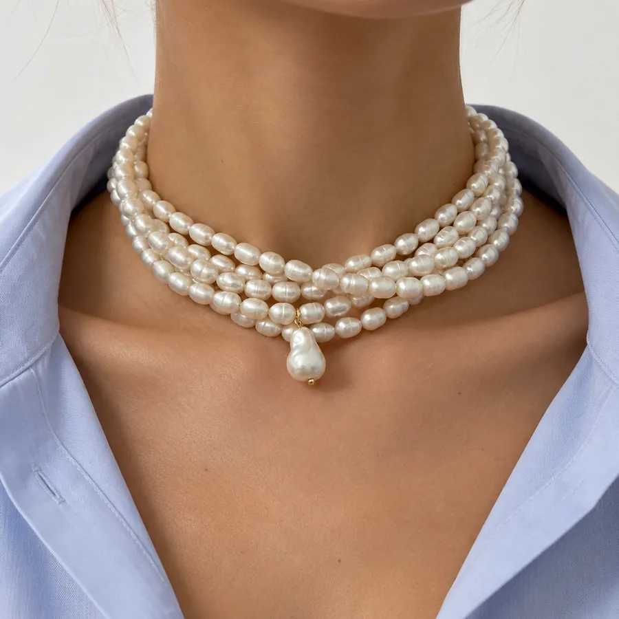 Кольє "Wedding Pearl" - Медсплав, Річкові Перлини, Барочний Перламутр, Фіаніт - арт. LE-1789045849715 - Le'Perle - фото 1