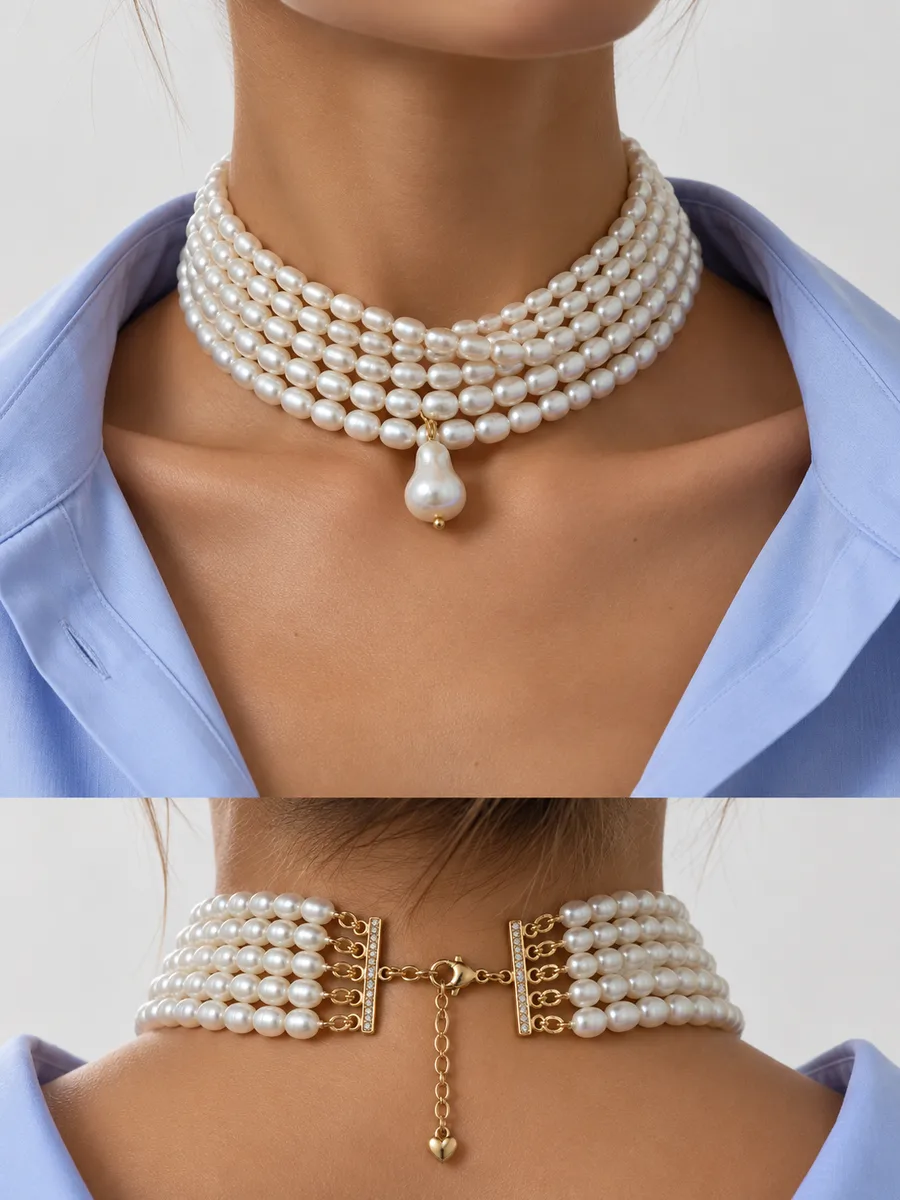 Кольє "Wedding Pearl" - Медсплав, Річкові Перлини, Барочний Перламутр, Фіаніт - арт. LE-1789045849715 - Le'Perle - фото 4