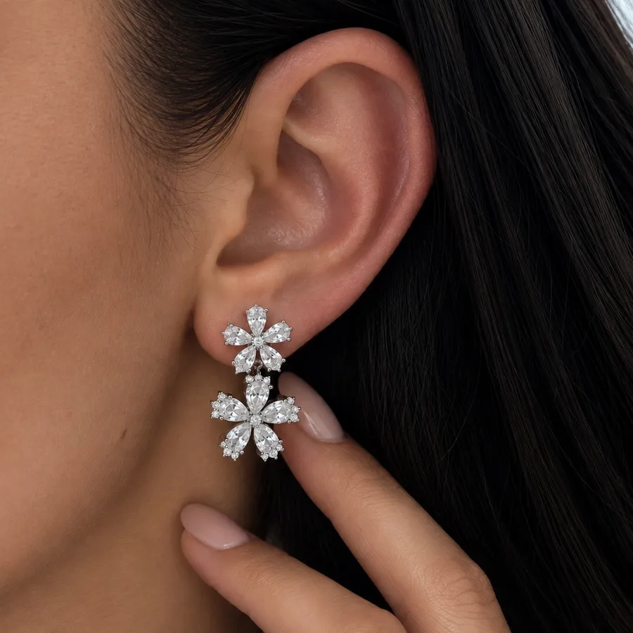 Сережки "Duo Flora" - Медсплав, Фіаніт, Циркон - арт. LE-1792054974215 - Le'Perle - фото 2